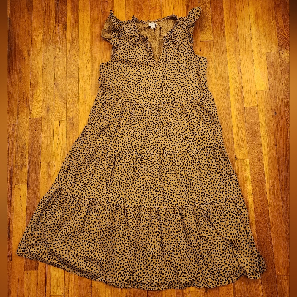 J. CREW Cheetah Animal Print Ruffle VNeck And Shoulders Tiered Midi Dress